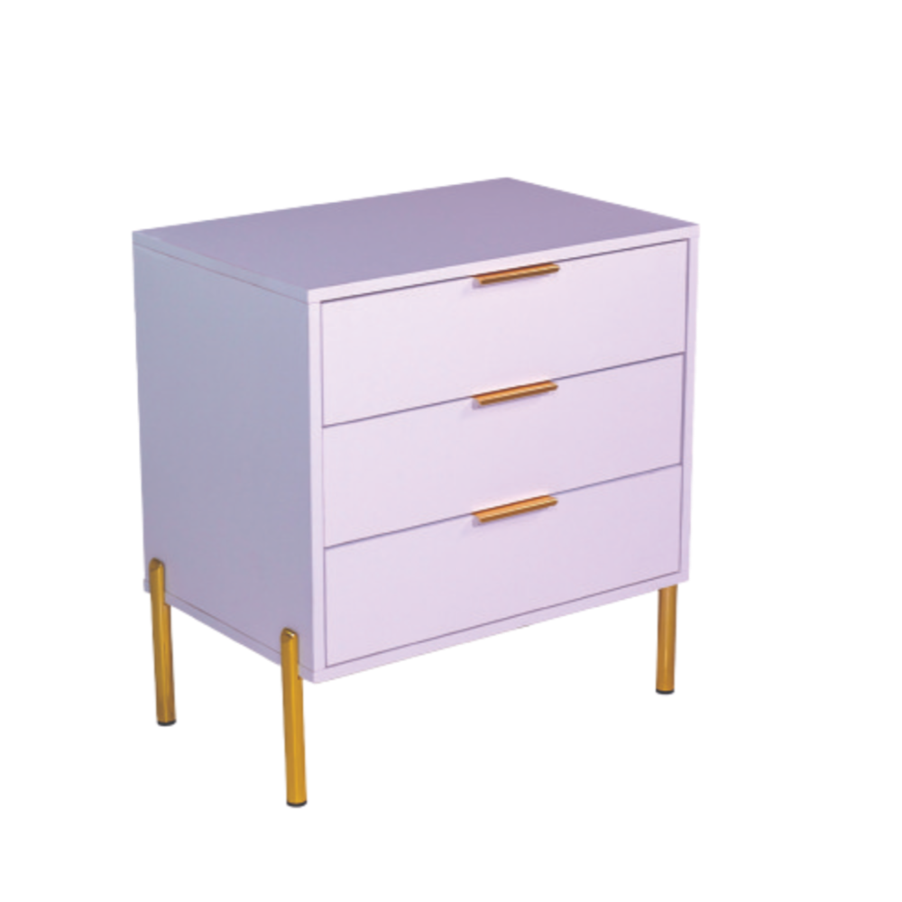 A white melamine pedestal with gold legs and gold handles, consisting of three drawers.