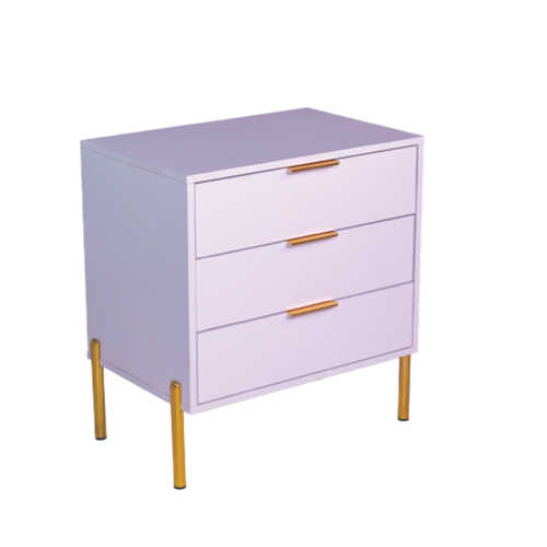 A white melamine pedestal with gold legs and gold handles, consisting of three drawers.