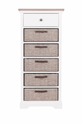 White dresser with five woven drawers on a white background