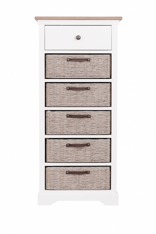White dresser with five woven drawers on a white background