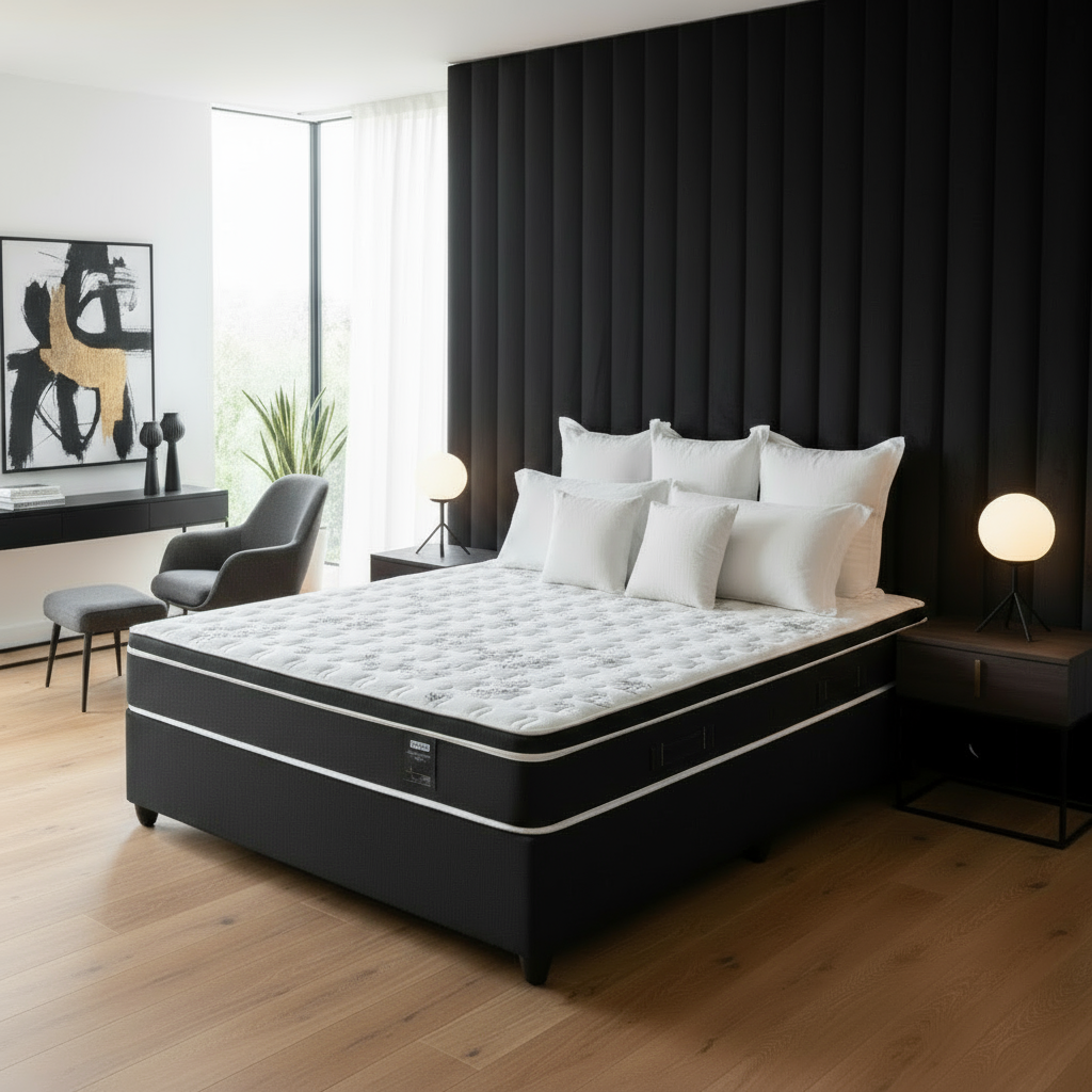 Mattress with black frame on a white background