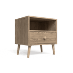 A Scandinavian-inspired nightstand with a single drawer, rustic pine legs, and a melamine finish in a neutral color.
