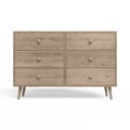 A Scandinavian-style dresser with six drawers, featuring a premium textured melamine finish, rustic pine legs, and round handles.
