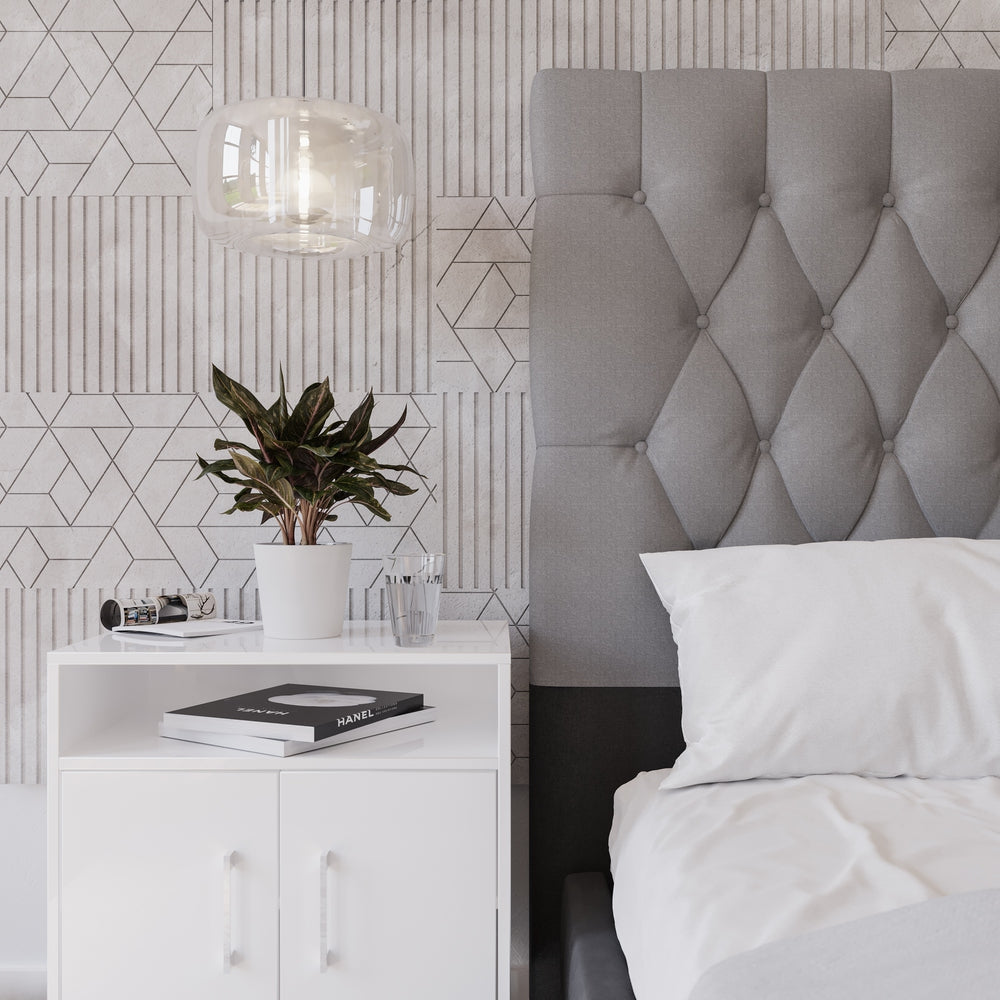 Deep Buttoned Grey King Headboard