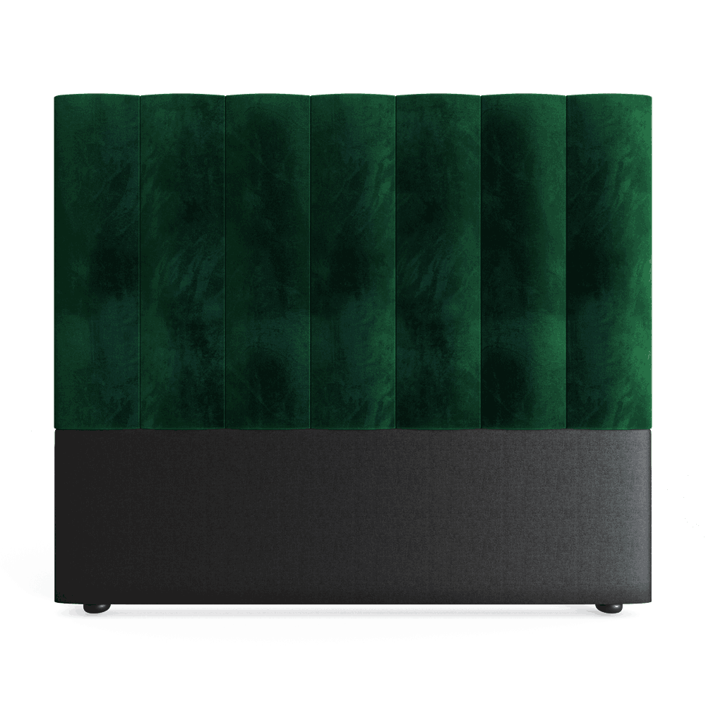 A double size headboard upholstered in emerald green velvet with a black base, presented against a plain background.