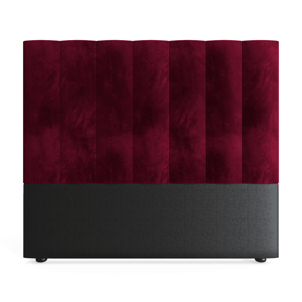 A red velvet queen-sized headboard with a straight, flat design mounted on a black base.
