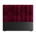 A red velvet queen-sized headboard with a straight, flat design mounted on a black base.