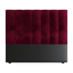 A red velvet queen-sized headboard with a straight, flat design mounted on a black base.