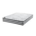 A firm queen-sized mattress with extra length, featuring a white and gray color pattern on the top surface.