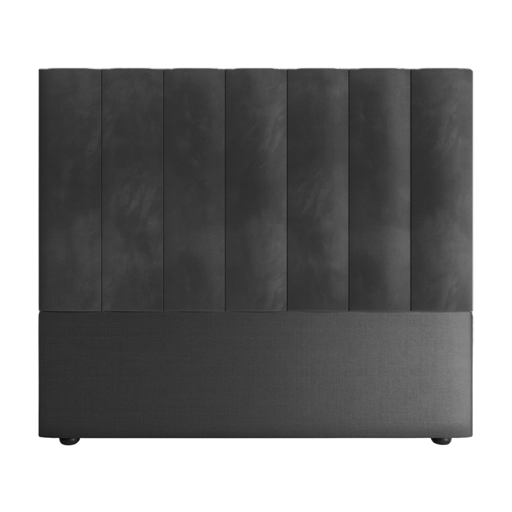 Black upholstered headboard with a modern design on a white background