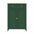 Green cabinet with two doors and a drawer on a white background