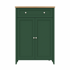 Green cabinet with two doors and a drawer on a white background