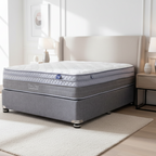 Gray mattress with a visible brand logo on a white background