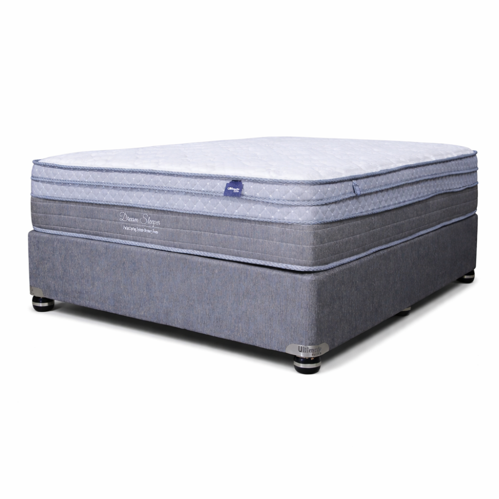 Gray mattress with a visible brand logo on a white background