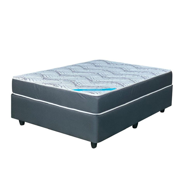 A gray upholstered queen-sized foam bed set with a patterned top, plain grey side borders, and a solid charcoal base, fitted with six sturdy cuplegs.