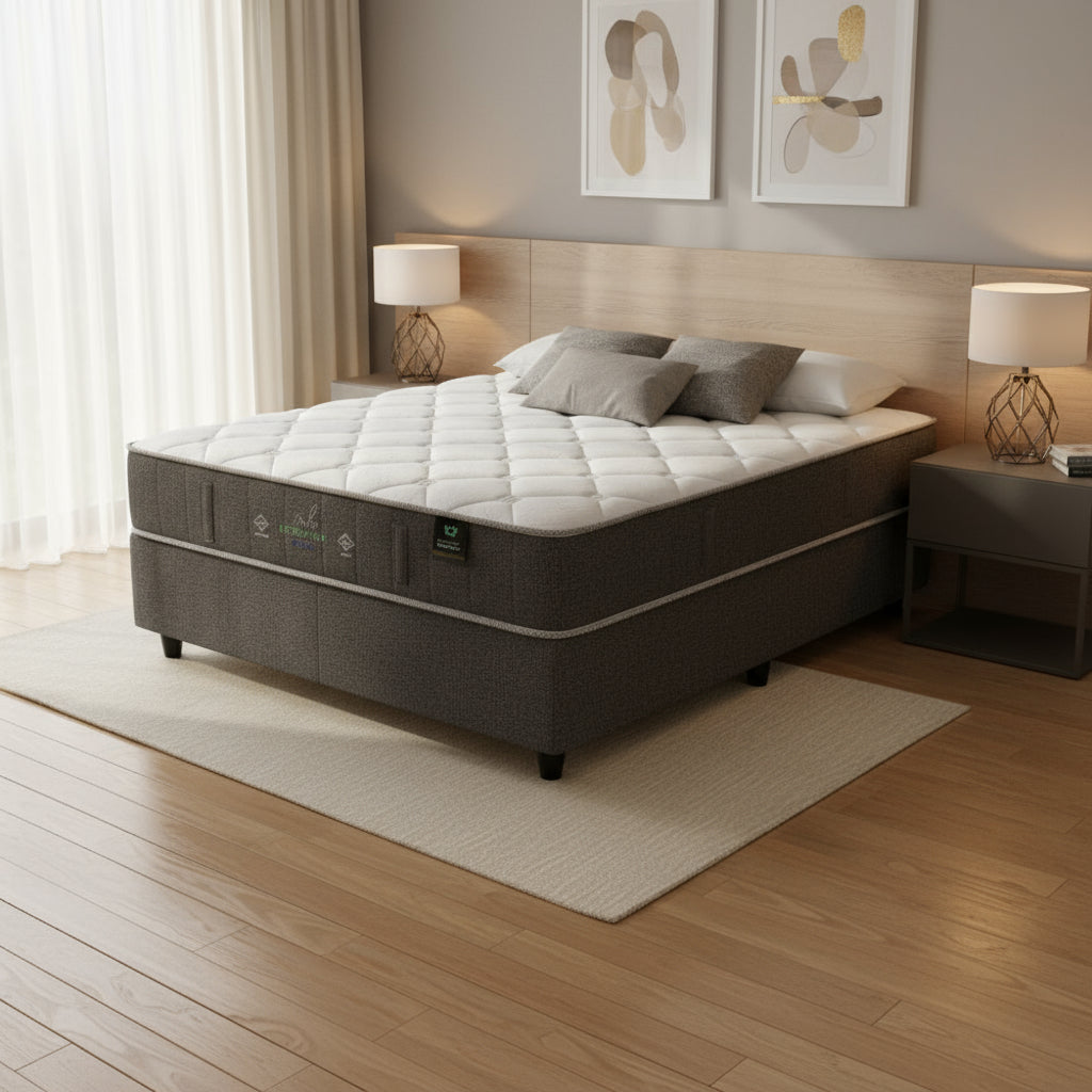 Gray mattress with quilted design on a white background