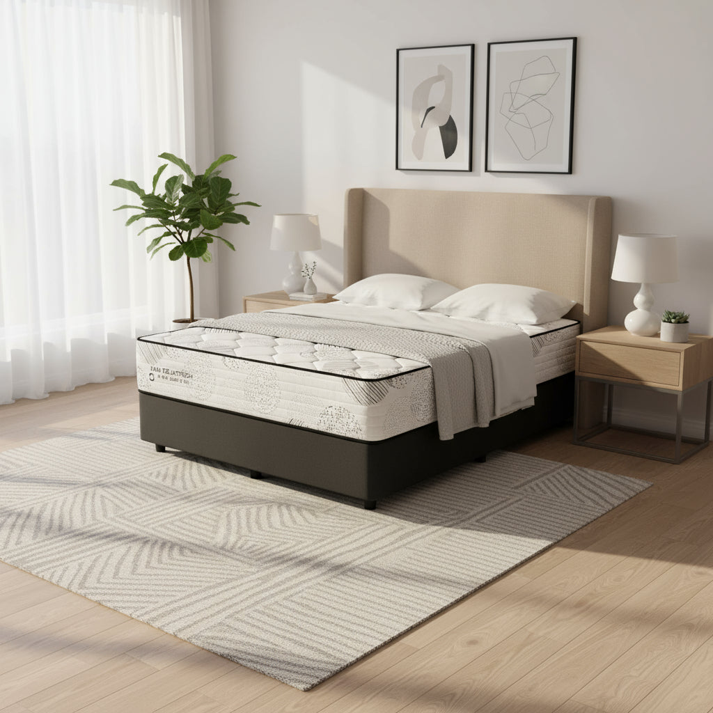 A queen-sized mattress with a patterned design on the top, placed on a black base with six cup legs.