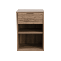 A brown rustic birch foil pedestal with one drawer and two open shelves, isolated on a white background.