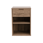A brown rustic birch foil pedestal with one drawer and two open shelves, isolated on a white background.
