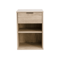 A wooden pedestal with one drawer and two open shelves, presented in an oak finish.
