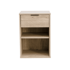 A wooden pedestal with one drawer and two open shelves, presented in an oak finish.