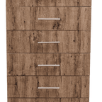 A brown rustic birch wood chest with six drawers, each having a metal pull handle.