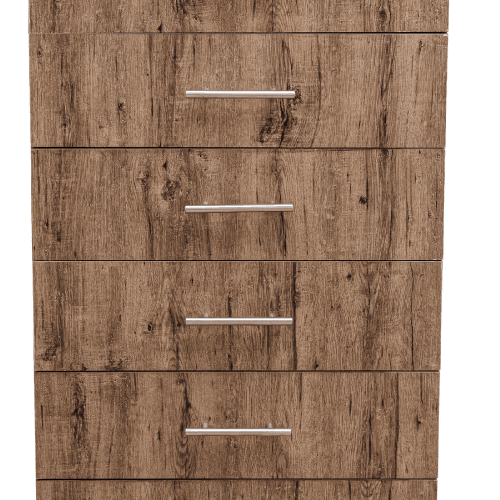 A brown rustic birch wood chest with six drawers, each having a metal pull handle.