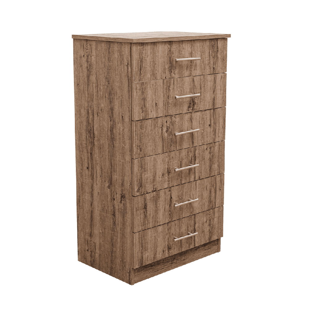 A rustic birch wood chest of six drawers with metal handles.