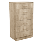 A Lagos Oak chest of drawers with six drawers, the top two drawers are smaller and the remaining four are larger, set in an oak wood finish.