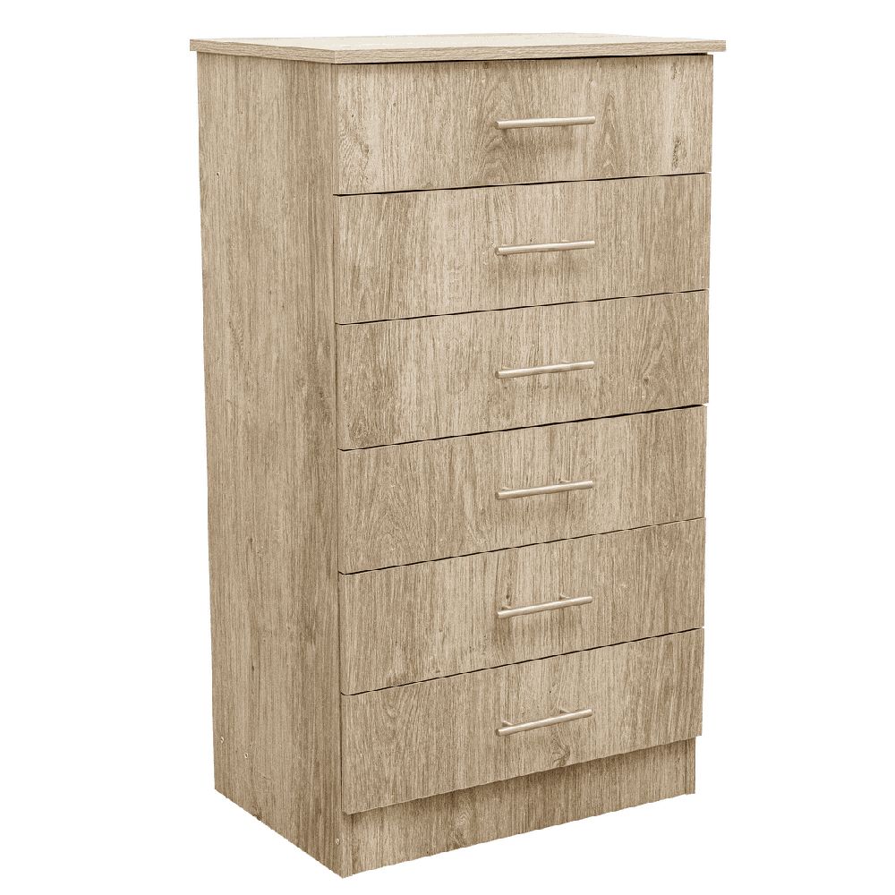 A Lagos Oak chest of drawers with six drawers, the top two drawers are smaller and the remaining four are larger, set in an oak wood finish.