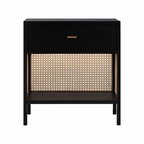 Black nightstand with a woven design on a white background