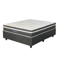 A queen-sized mattress set on a strong base, with a gray and black color scheme and labeled with 'Master Sleep' brand.
