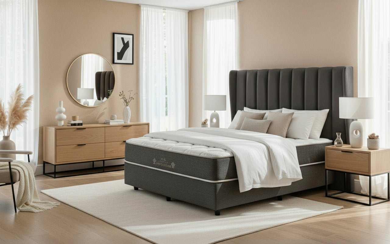 Modern bedroom with a gray upholstered bed, wooden nightstands, and a mirror.