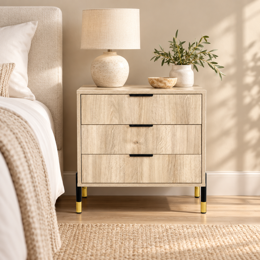 Ava Karlstad Oak Black & Gold Feet, Black Handles Melamine Pedestal