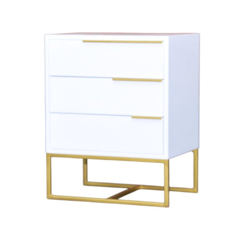 White nightstand with gold legs on a white background