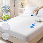 Mattress protector being demonstrated with water being poured onto it, with icons showing features.