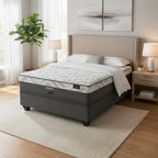 A medium firm Restonic Reembrace mattress on a foundation, with a grey and white patterned quilted cover on top.