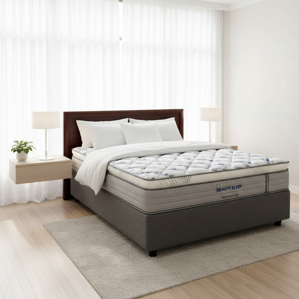 Mattress with 'Beauty Sleep' branding on a white background