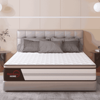 Mattress with decorative pillows on a bed in a bedroom setting, featuring the Rainbow Home brand.