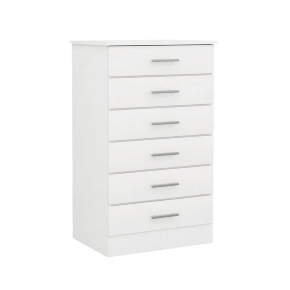 White dresser with six drawers on a white background
