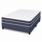 A mattress on a box spring with a white quilted top and navy blue sides, shown on a plain white background.