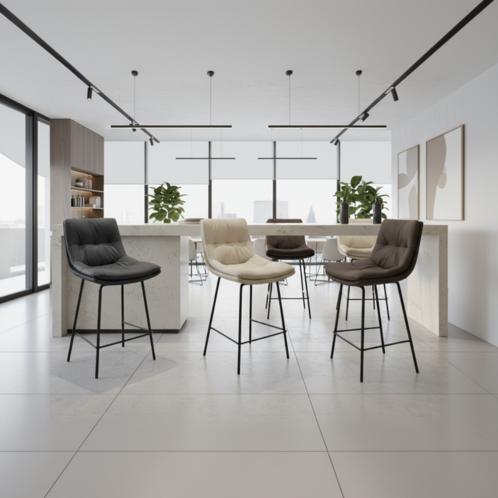 Three bar stools with different colored seats on a white background