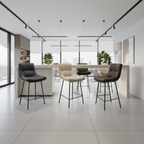 Three bar stools with different colored seats on a white background