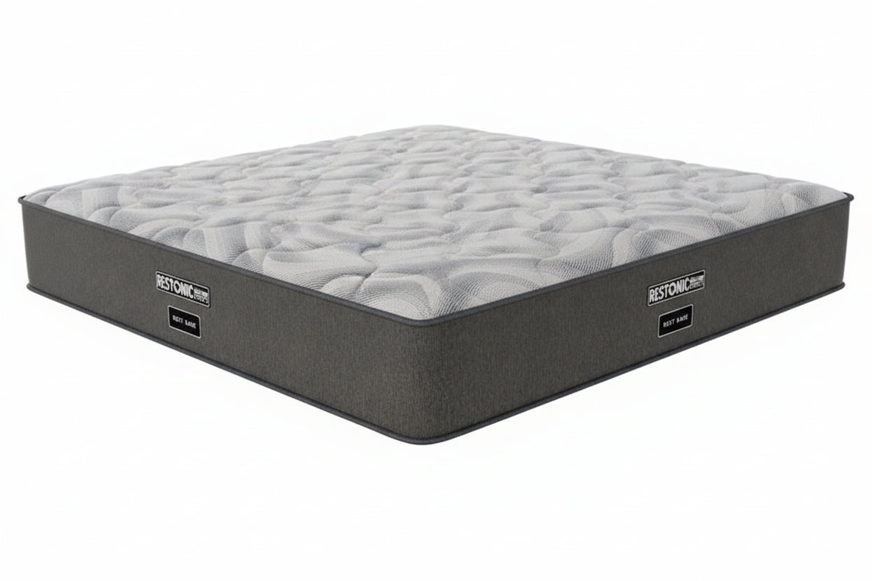 Gray mattress with 'Restonic' branding on a white background