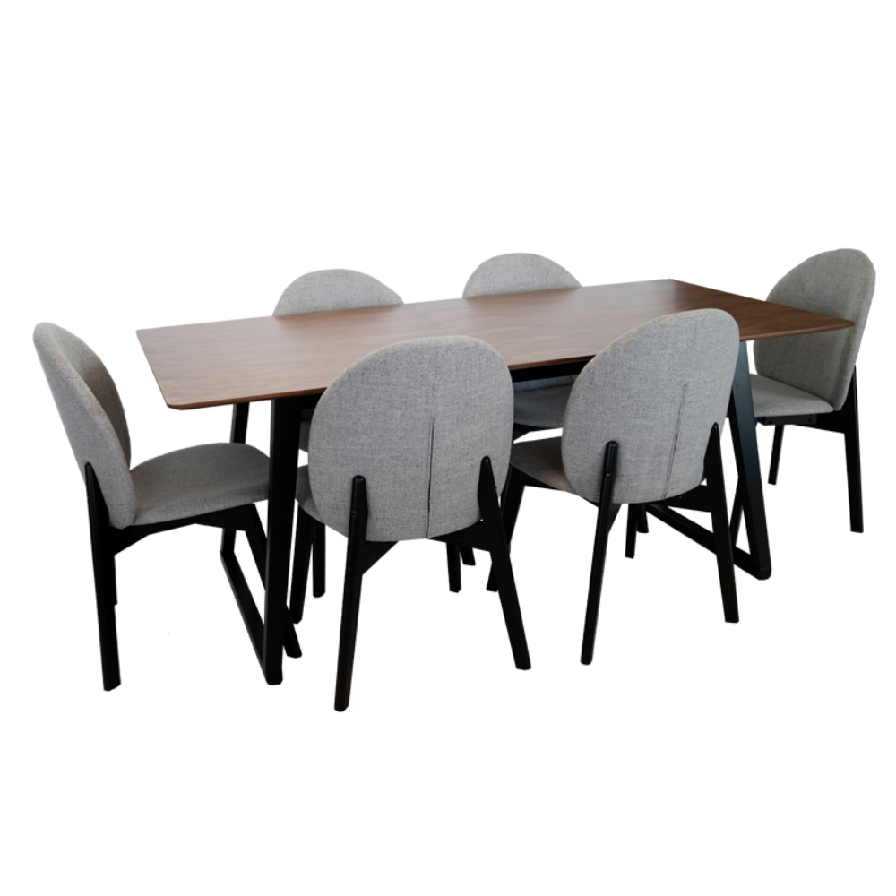 Wooden dining table with six gray chairs on a white background