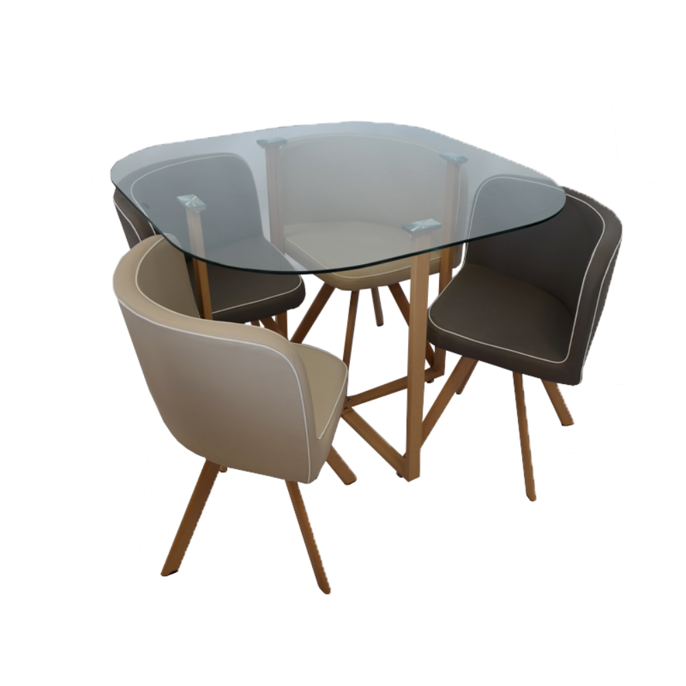 Dining table with four chairs on a white background