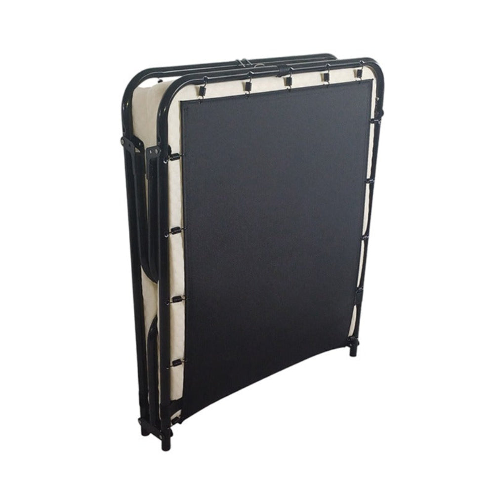 Foldable black and beige mattress on a white background