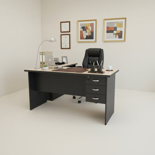 Black office desk with a light wood top on a white background