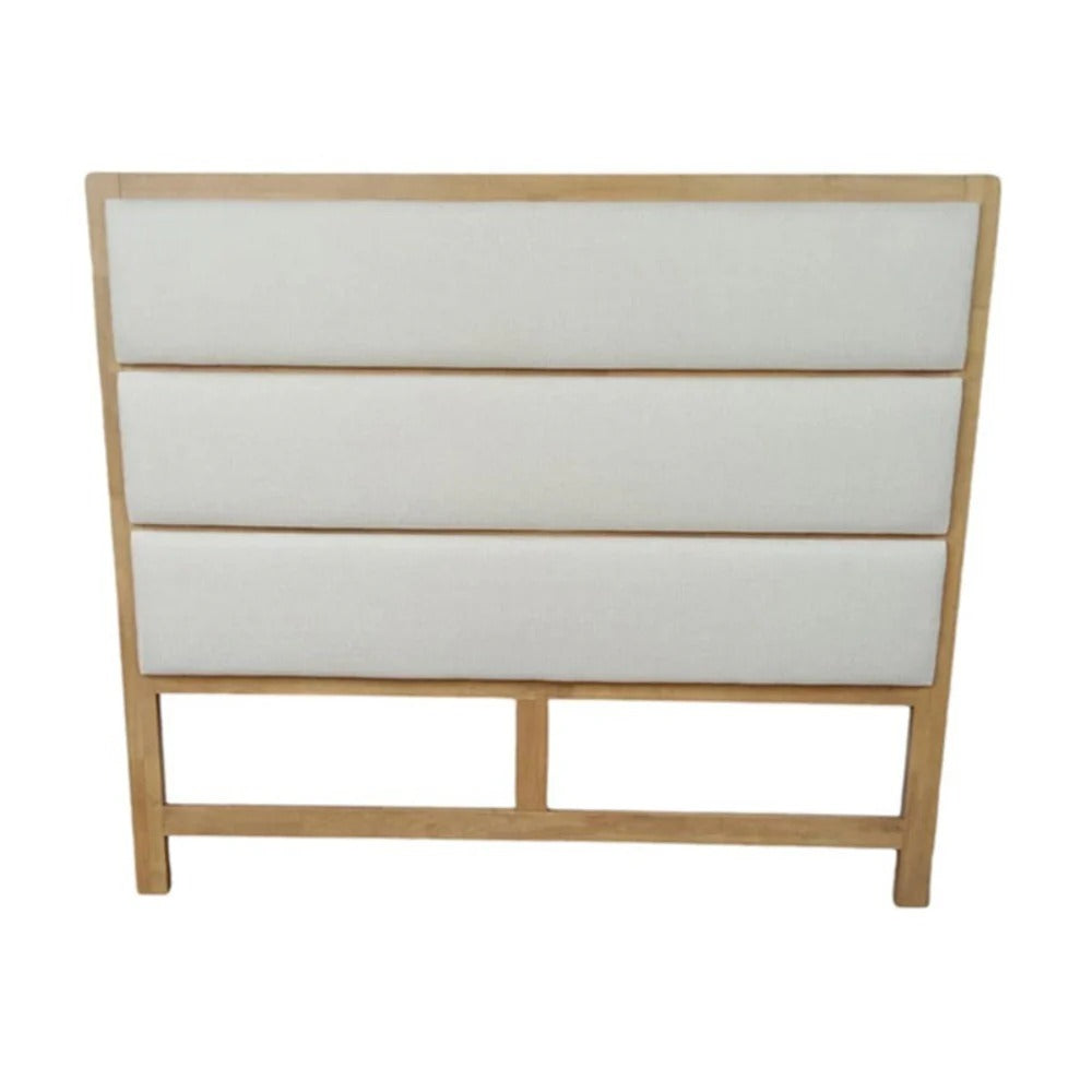 White upholstered headboard with wooden frame on a white background
