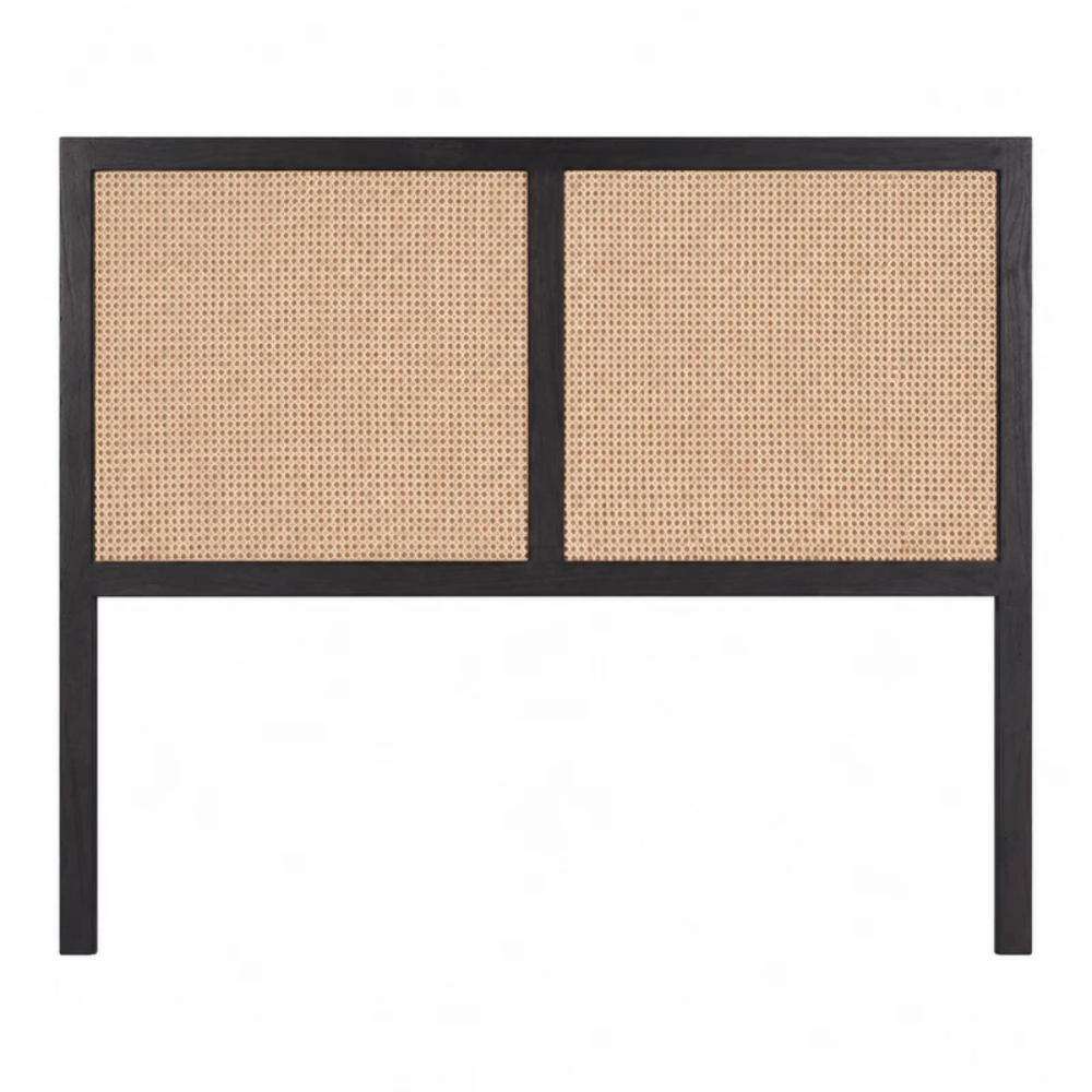Headboard with black frame and woven natural material on a white background